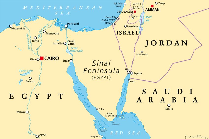 Sinai Peninsula region, political map. A peninsula in Egypt, located between the Mediterranean Sea and the Red Sea, land bridge between Asia and Africa. With parts of Israel, Jordan and Saudi Arabia.