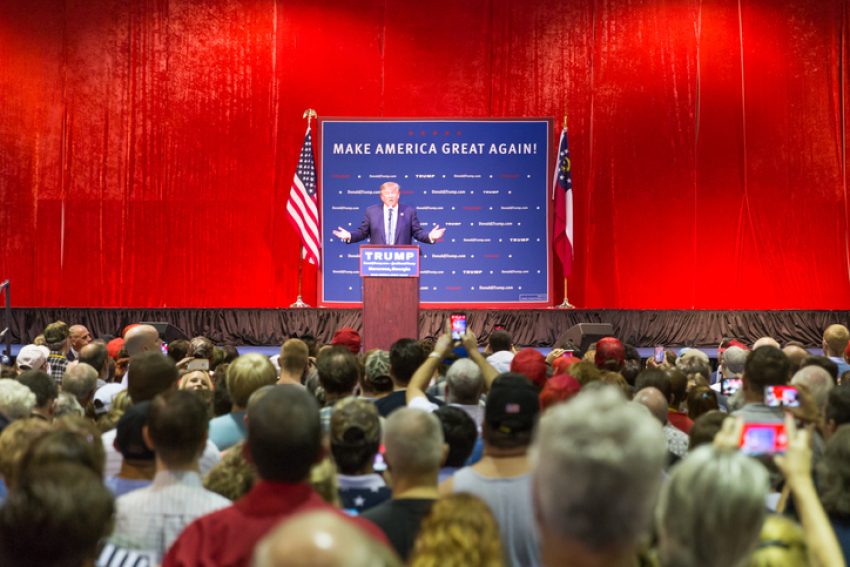 Norcross, GA, USA - October 10, 2015: Presidential candidate and Republican party nominee Donald Trump giving a speech at a rally in Georgia